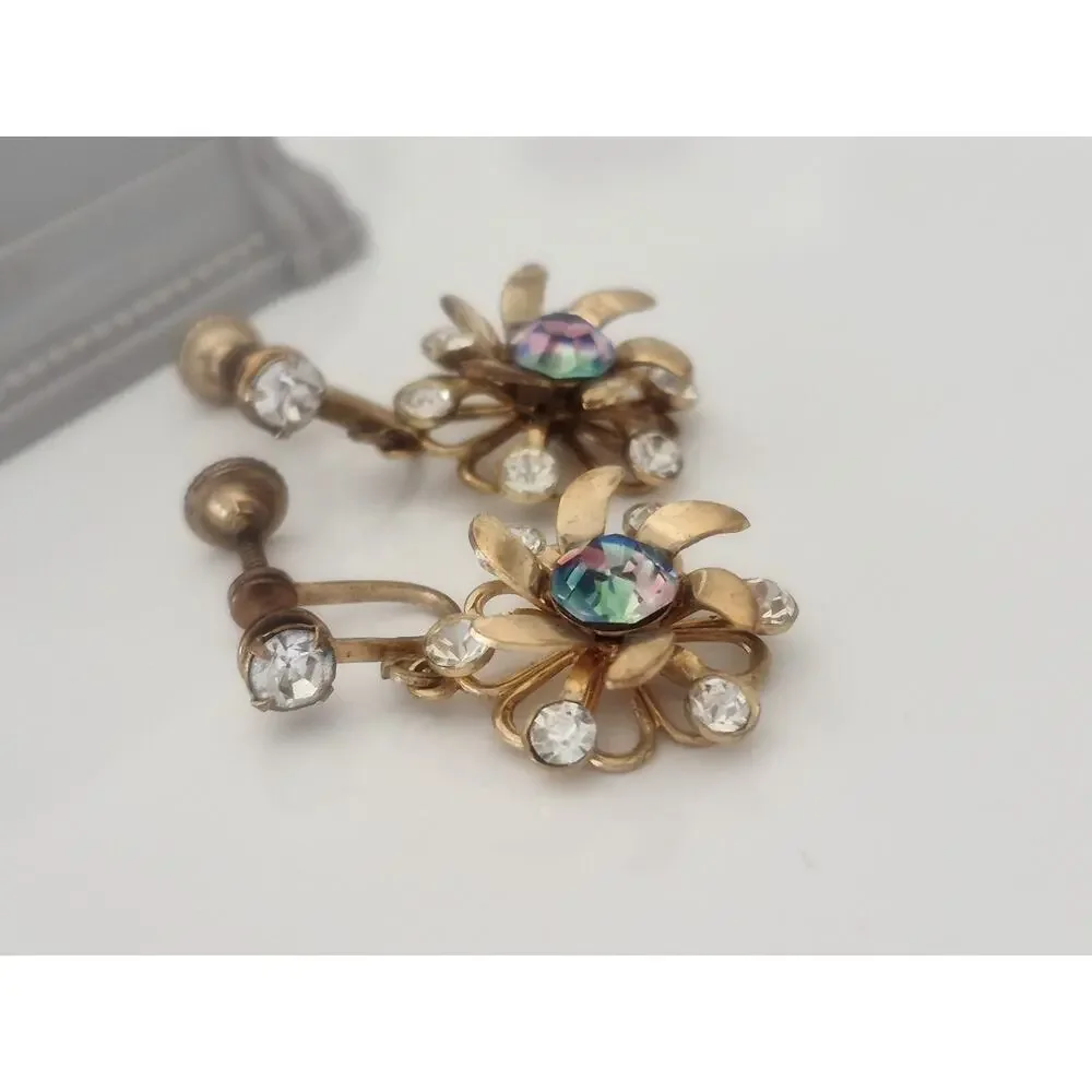 Vintage MCM Iris Striped Rhinestone Dangle Flower Screw-on Earrings